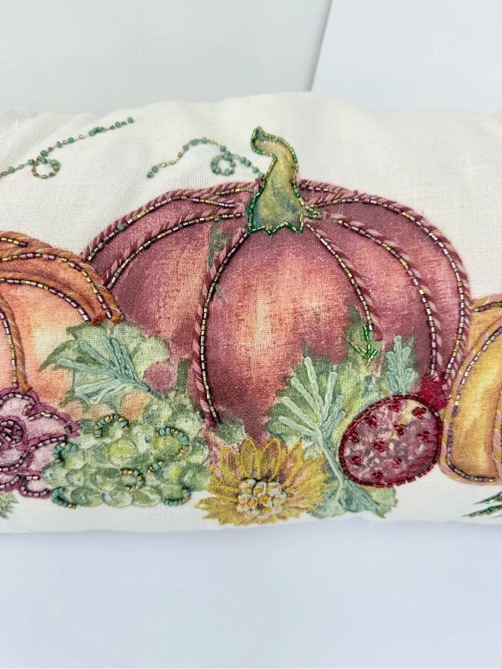 Gardeners Eden Cream Green Pumpkin Fall Print Soft Woven Beaded Accent Pillow